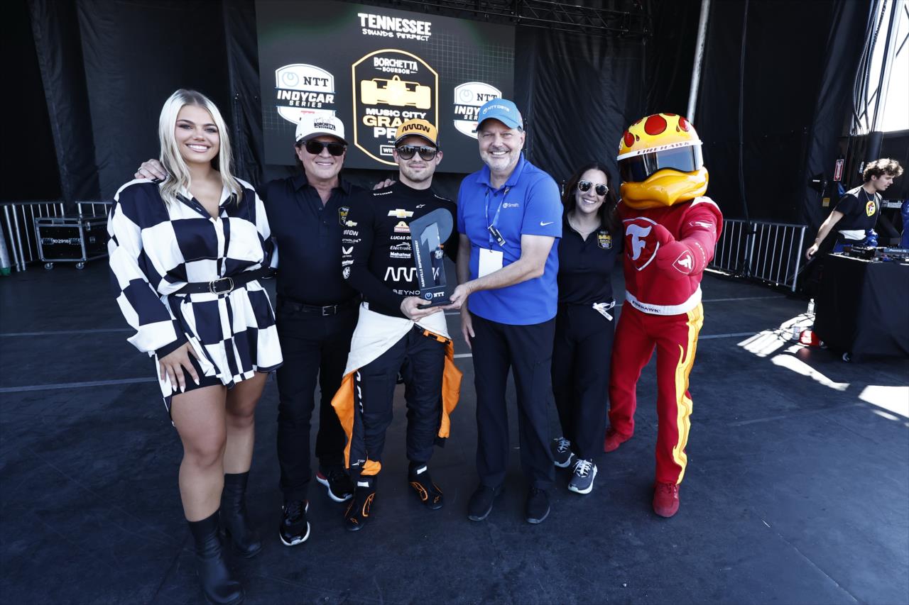 Pato O'Ward with NTT P1 Award - Borchetta Bourbon Music City Grand Prix - By: Chris Jones -- Photo by: Chris Jones